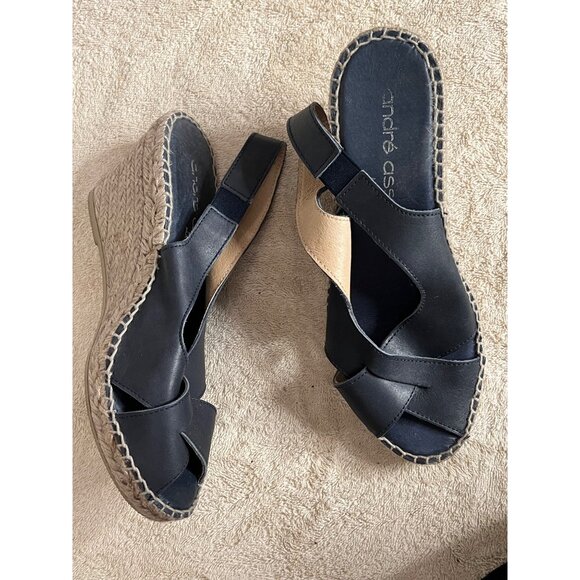 Andre Assous Women's Black Leather Espadrille Wedge Sandals Size 7. Made In Spai - Picture 4 of 11